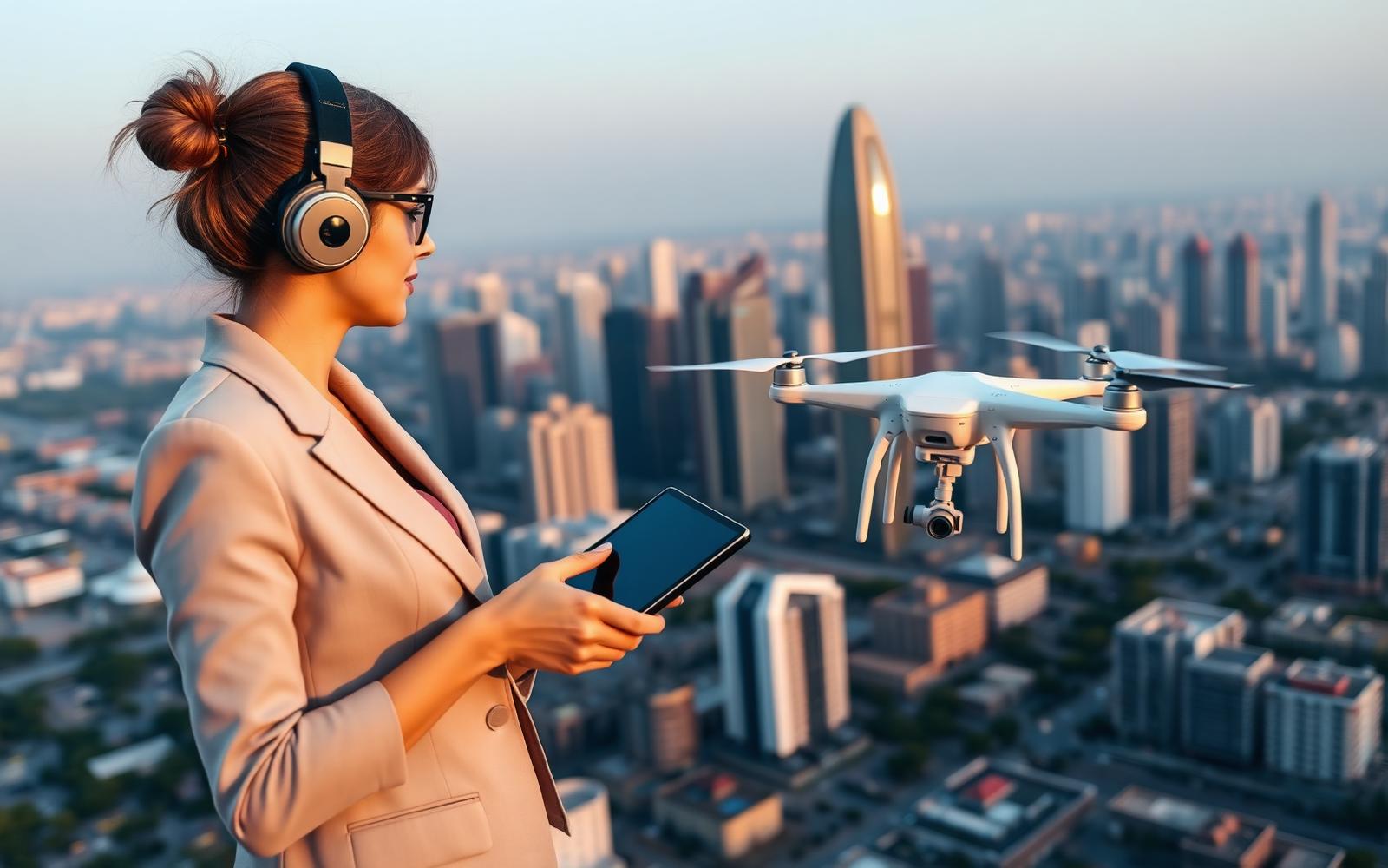 Female drone pilot operating equipment